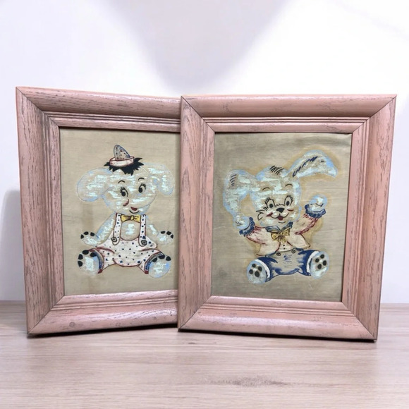 Vintage 50s Children’s Bedroom Decor Painted Framed Canvas Bunnies & Elephants - Picture 9 of 9